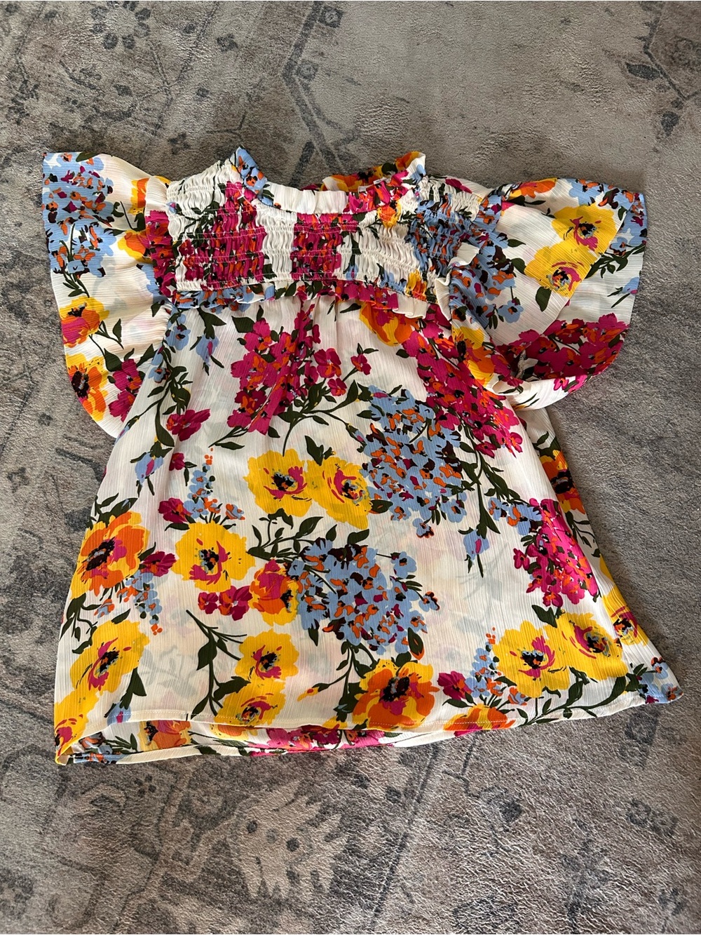 THML Floral Smocked, Ruffle Mock Neck Top- Cream with multicolored flowers